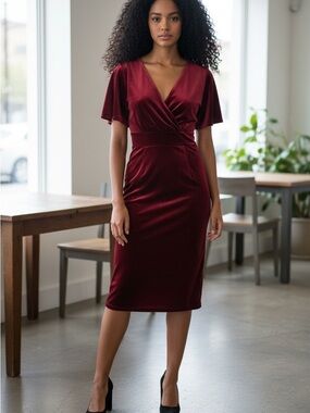 Elegant Velvet Midi Dress in Burgundy
